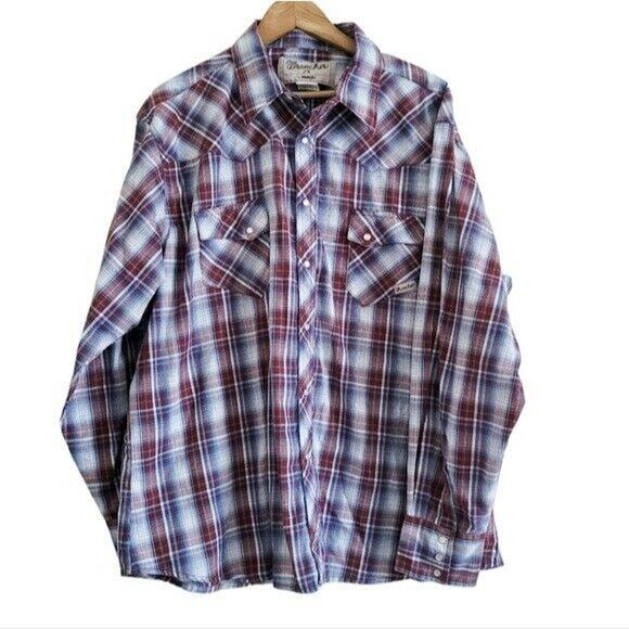 Vtg Wrangler Pearl Snap Button Up Shirt Mens 2XL Blue Plaid Western Cowboy Farm - Picture 1 of 9